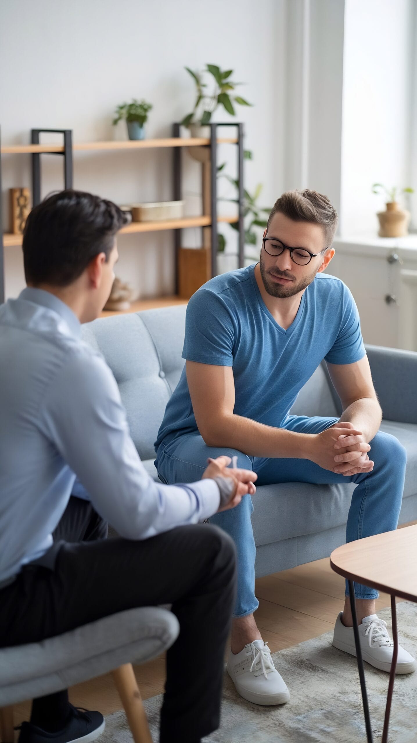A man speaking with a psychologist on a sofa in a quiet counselling room