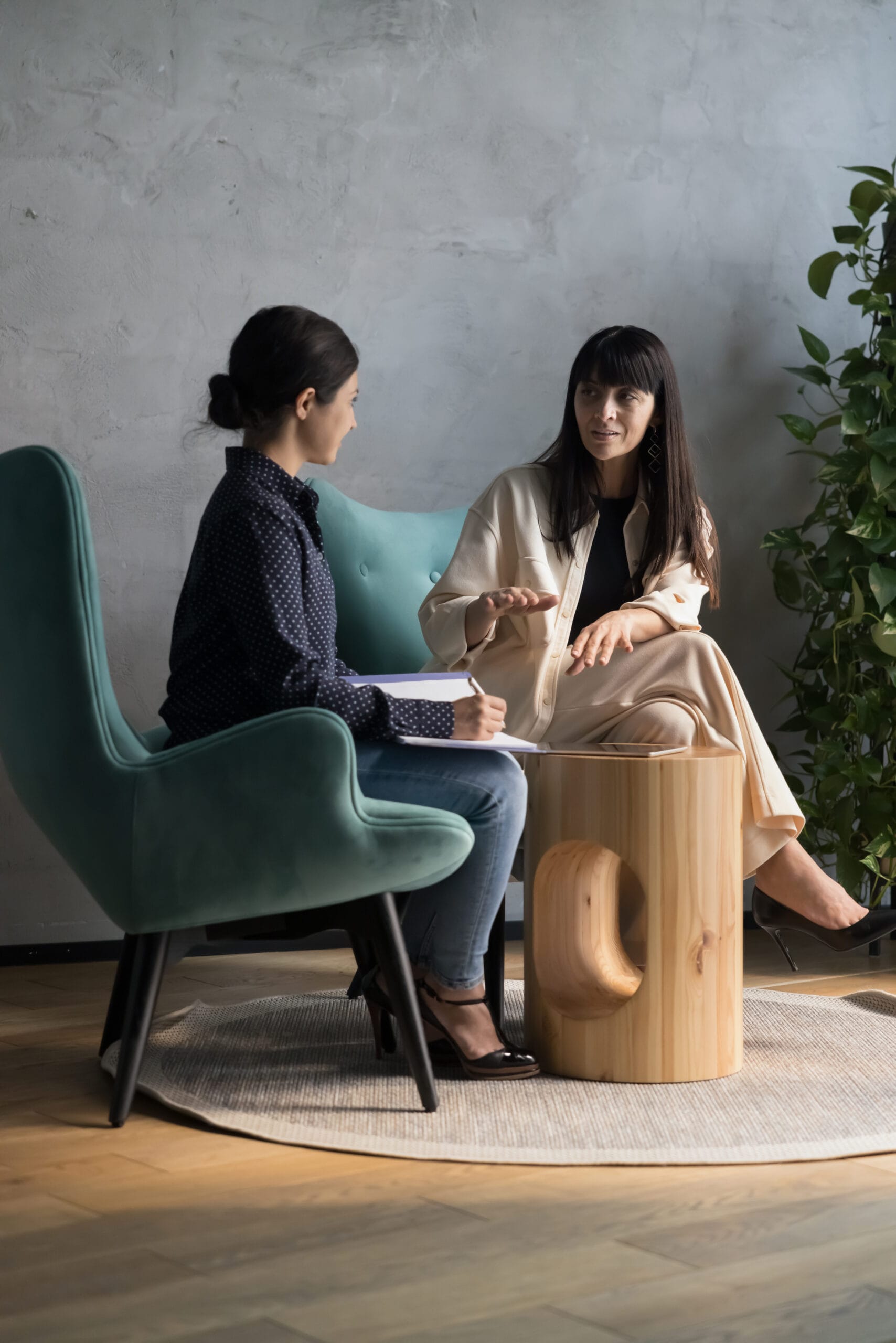 A mentor and client in a confidential consultation conversation