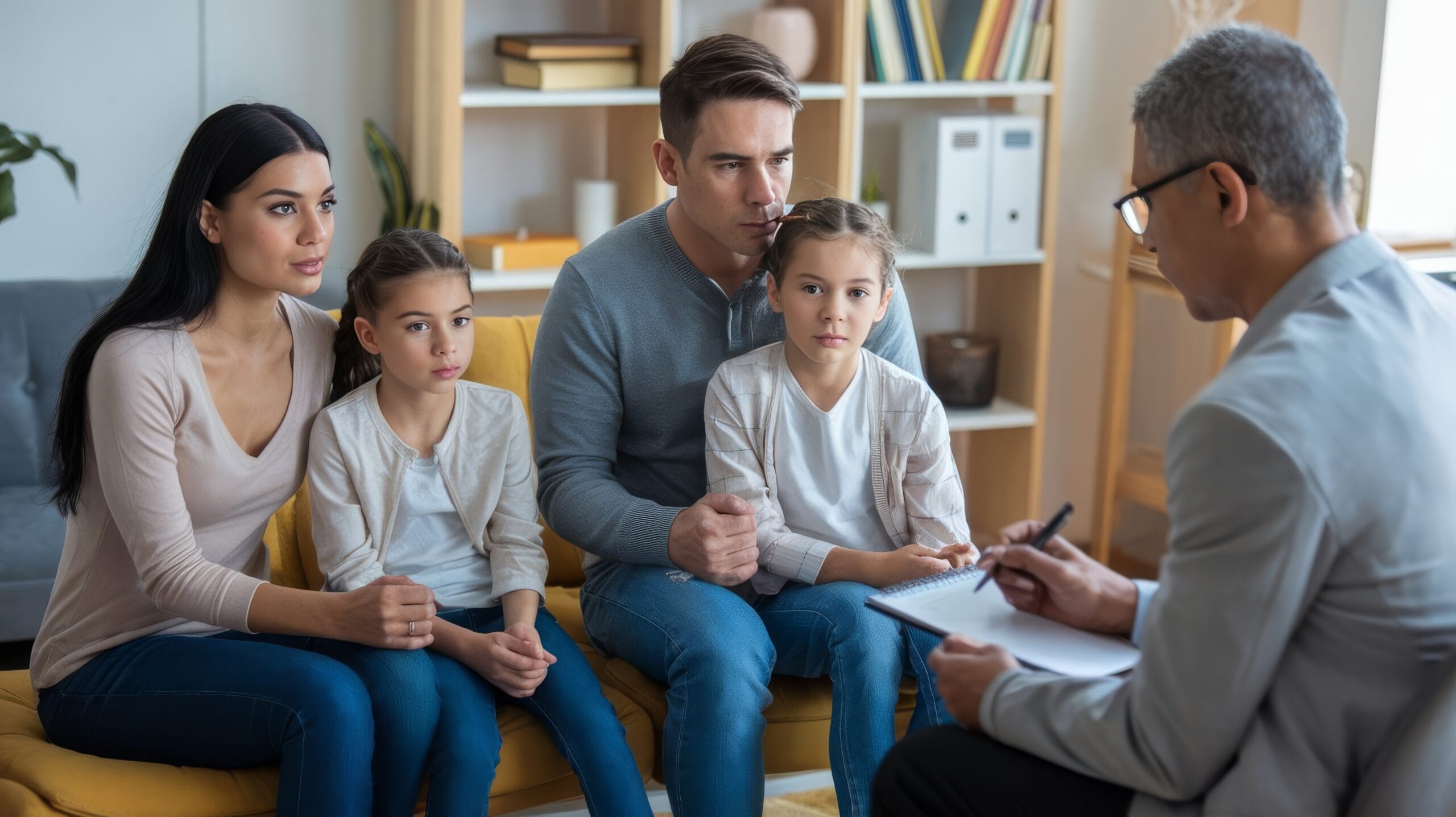 A young family in a counseling session with a professional interventionist in Los Angeles